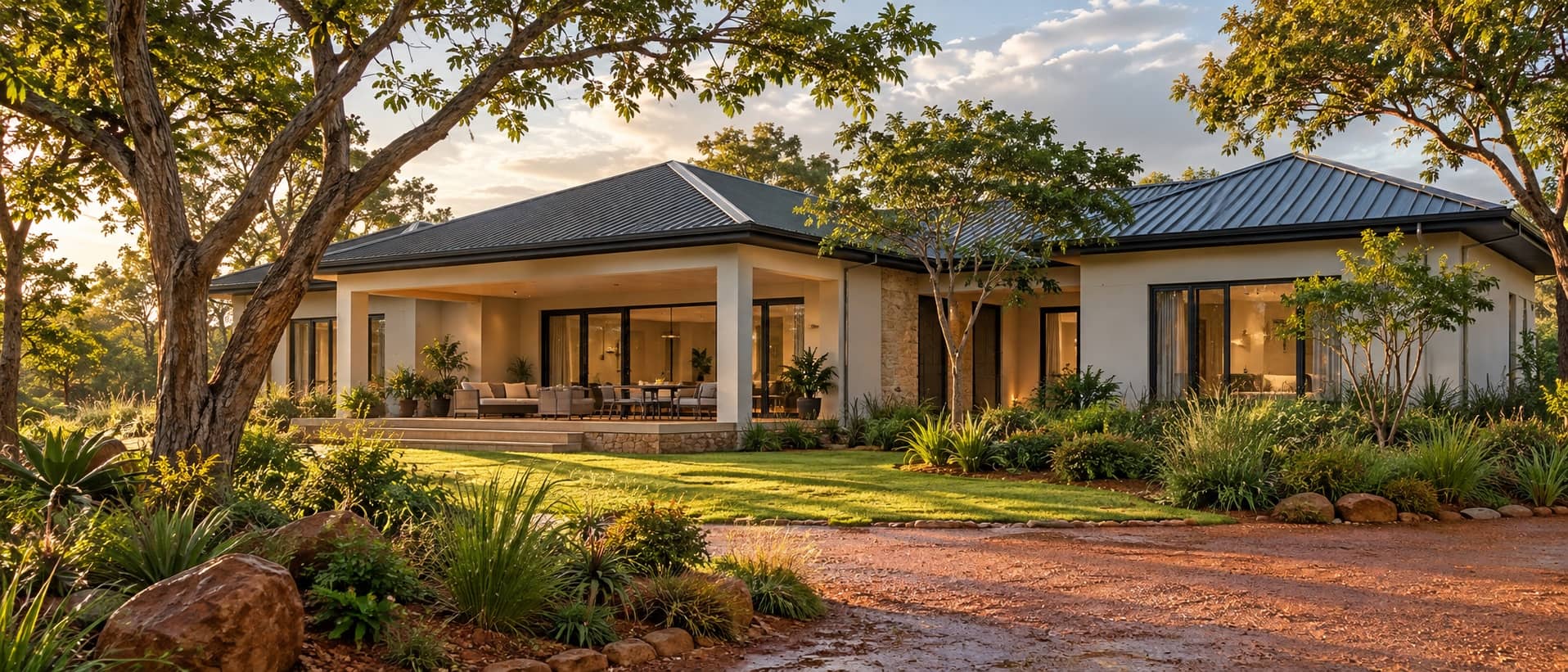 Artist’s impression of a contemporary single-storey home among mature trees.